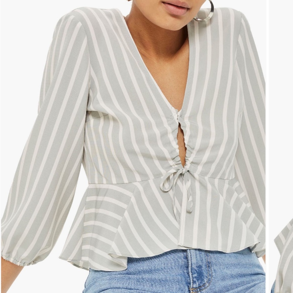 Topshop Gray & White Ruched Stripe Blouse